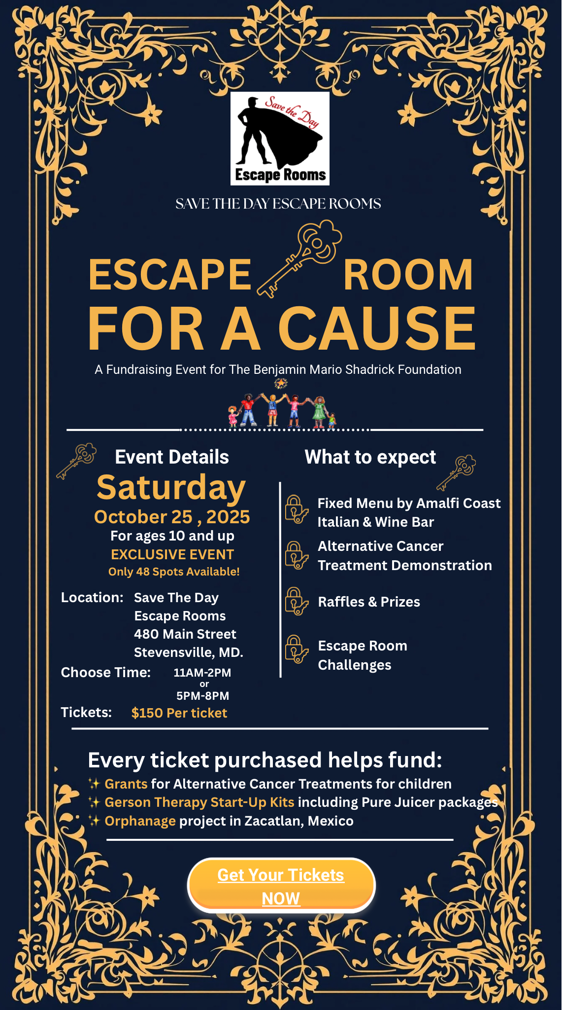 flyer stating date, time and location of a fundraiser for Natural Cancer Treatments and Orphanage project in Mexico