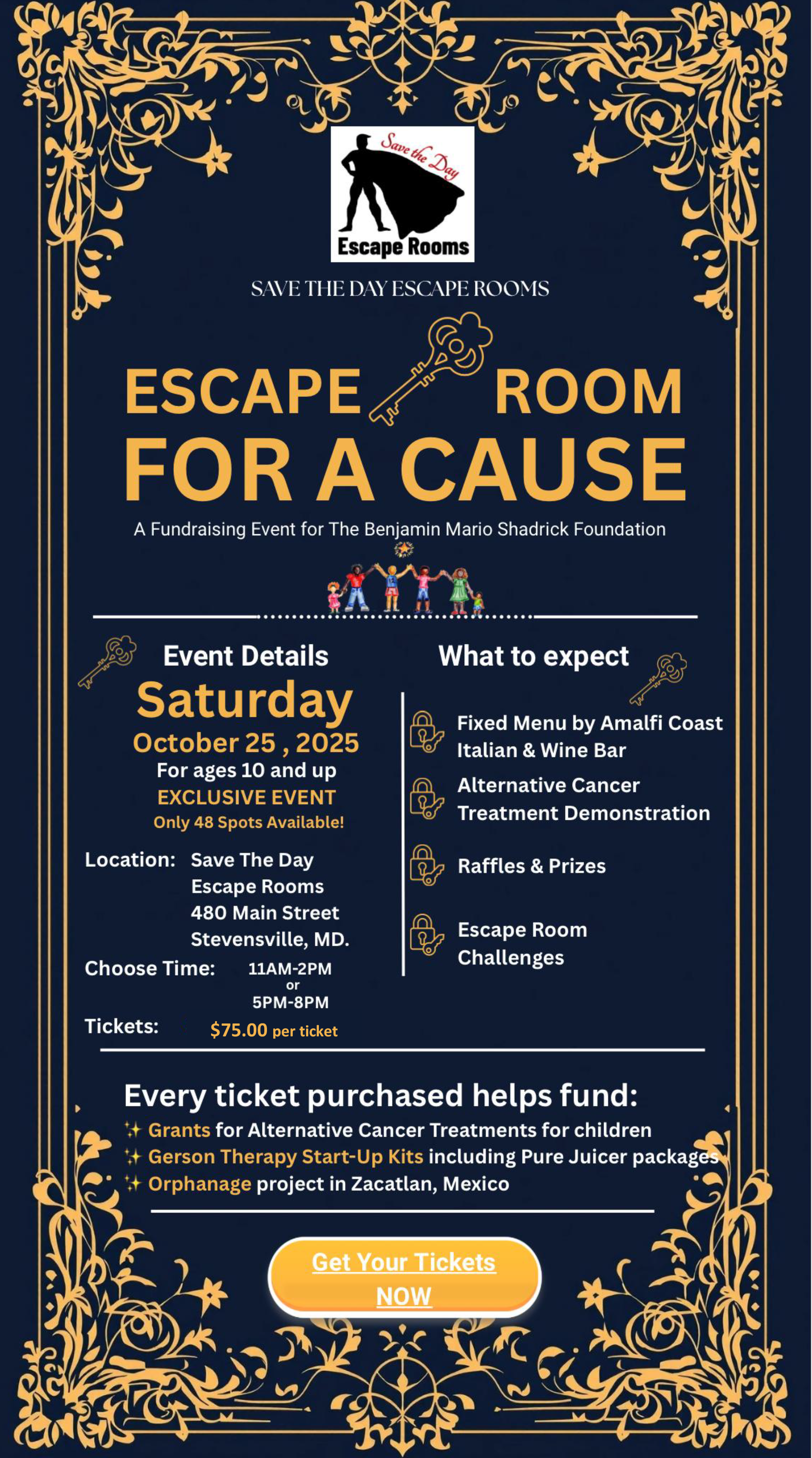 flyer stating date, time and location of a fundraiser for Natural Cancer Treatments and Orphanage project in Mexico