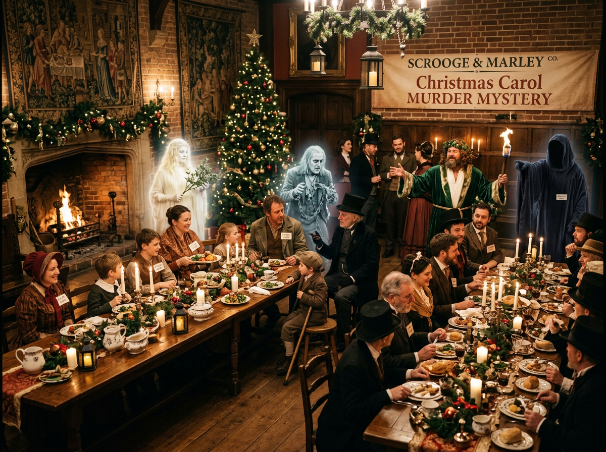 a festivally decorated dining room with about 30 people seated at a dining table, dressed in 19 century formal clothing