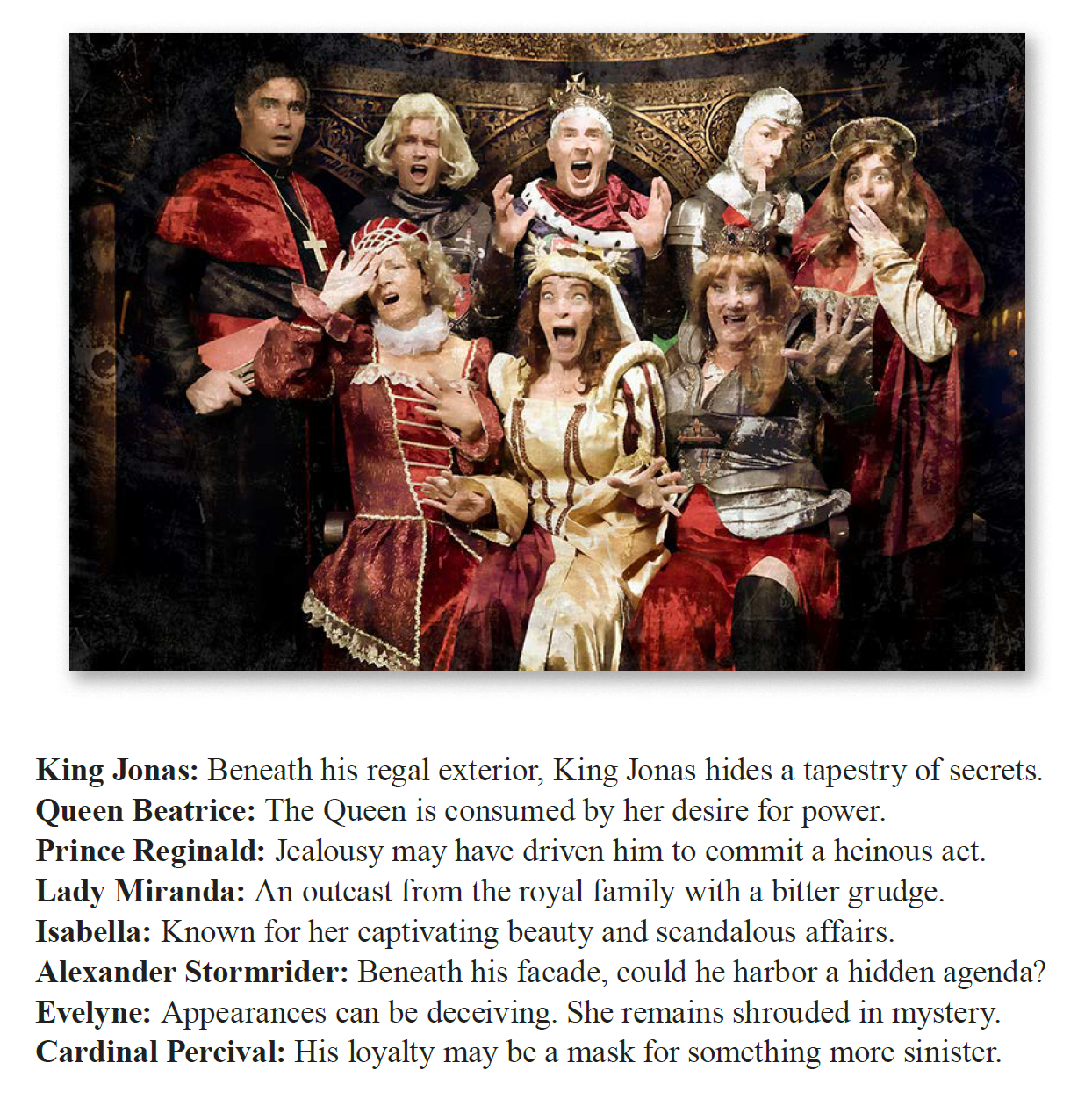 an example of the Game of Thorns Murder Mystery Cast of suspects