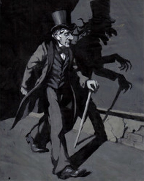 Dr. Jekyll wall down a street. A light casts a shadow. It is that of Mr. Hyde.