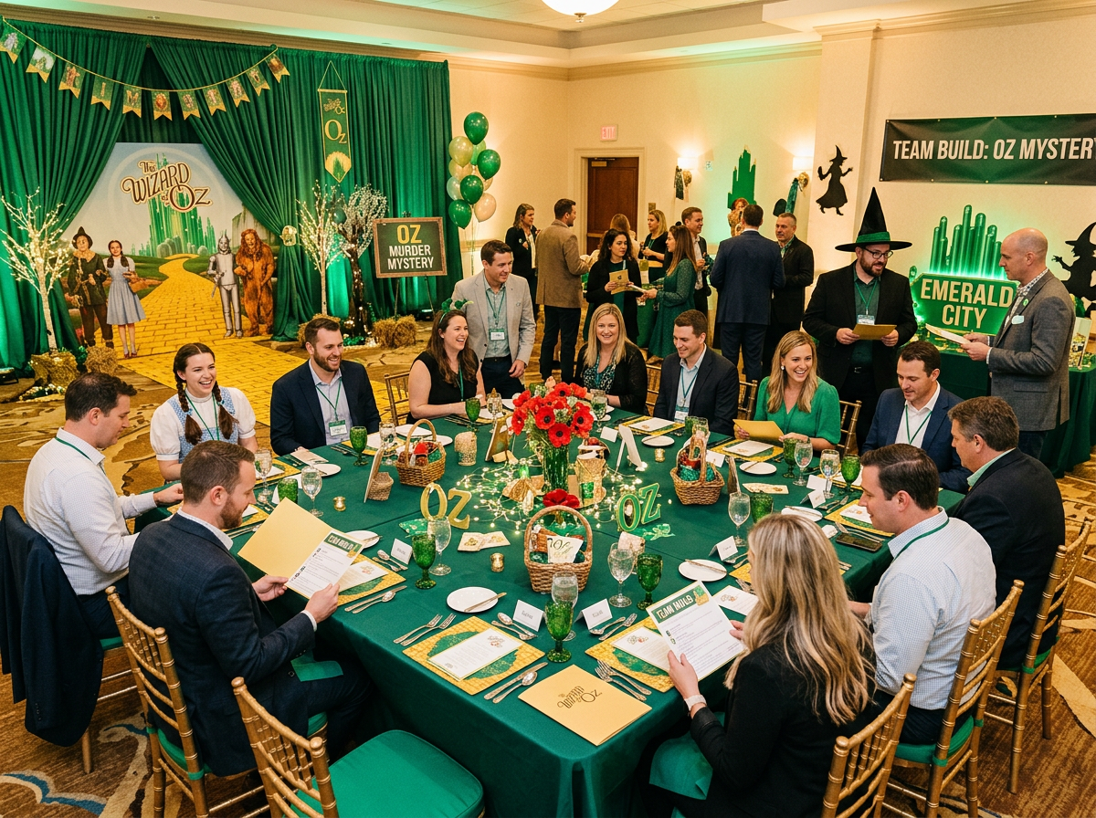 a festivally decorated dining room with about 30 people seated at a dining table, dressed in emerald colored formal clothing