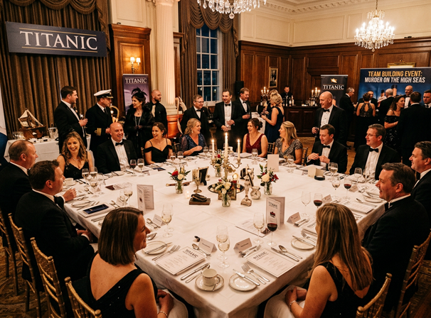 An elegant table set for about 30 people dressed in elegant clothing