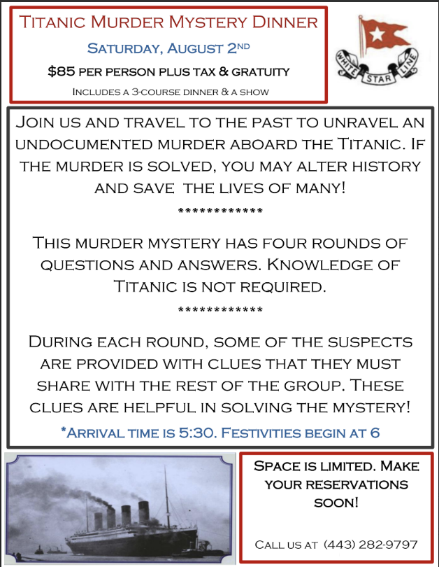 flyer stating date, time and location of a murder mystery in Chestertown MD